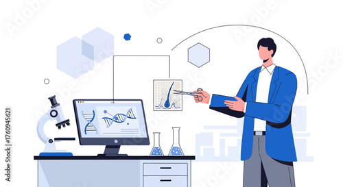 Illustration of a scientist conducting hair follicle analysis in a laboratory setting