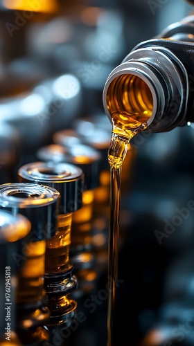 Close up shot of golden oil pouring from a black container onto metal components in a blurry background