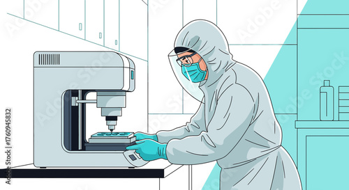 Illustration of a Scientist in Protective Suit Conducting Experiment with Machine in Lab Environment