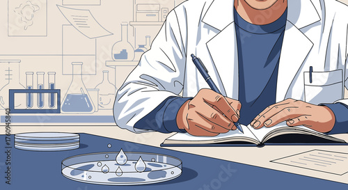 Illustration of a scientist in a lab coat taking notes on scientific research data information