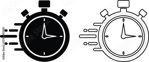 Stopwatch Icon Set, Fast Time Symbol, Deadline Concept, Black and White, Running Timer