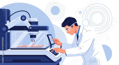 Illustration of a scientist operating a 3D printing machine in a laboratory environment