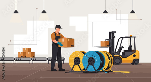 Illustration of a warehouse worker carrying a box with a forklift and conveyor belt operation