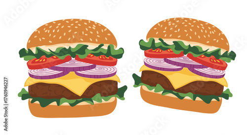 Delicious juicy burgers with fresh vegetables and melted cheese.