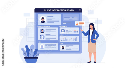 Illustration of a woman presenting a client interaction board for business strategy analysis