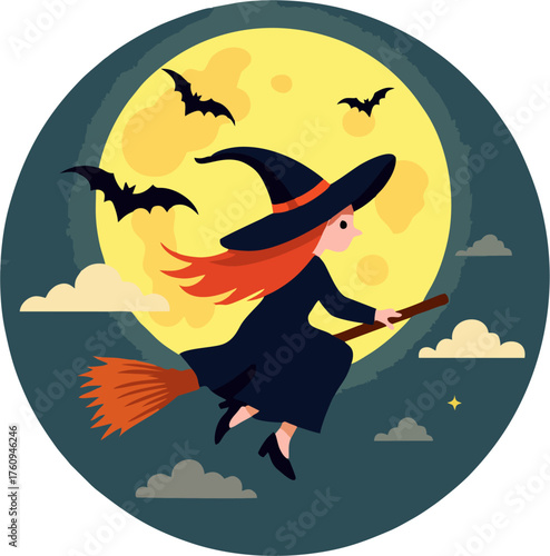 Obraz na plátně Cute Witch Flying on Broomstick in Front of Full Moon with Bats and Clouds – Hal