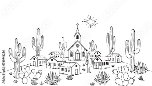 Desert Village Illustration: The sketch of a serene desert village with a church standing tall under the sun, a beautiful illustration of simple life.