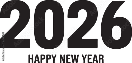 Bold black text Happy New Year 2026 on white background celebration greeting