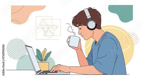 Illustration of a young man working on a laptop while enjoying a cup of coffee at home