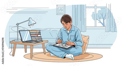 Illustration of a young man in pajamas drawing on a tablet in his bedroom during morning