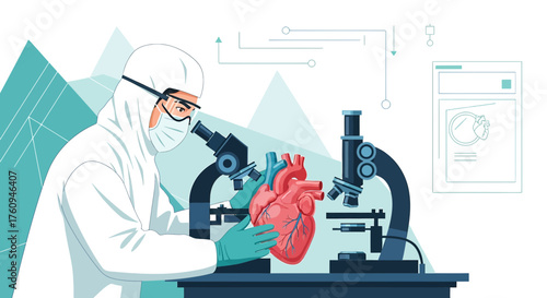 Illustration of medical researcher analyzing a human heart using a microscope in a lab setting