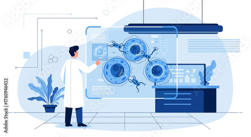 Illustration of scientist analyzing cells on a holographic display in a laboratory setting