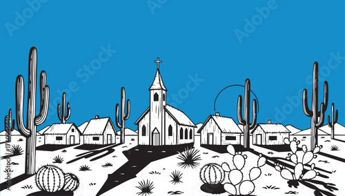 Desert Church Serenity: Capturing a serene desert landscape, the image presents a quaint church nestled amidst towering cacti and sparse desert shrubbery, under a vast blue sky.