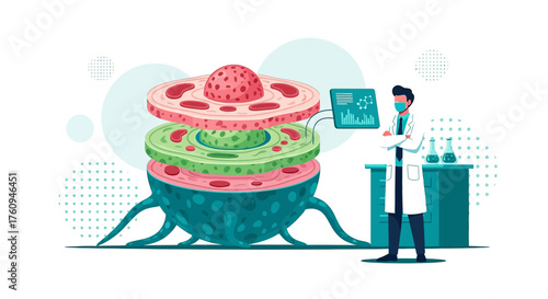 Illustration of scientist analyzing magnified cross-section of cellular structure for research and