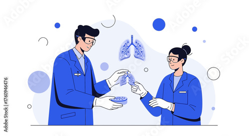 Illustration of scientists studying lungs for research on respiratory diseases and therapies
