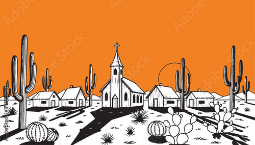 Desert Town Illustration: A stylized illustration presents a quaint desert town, featuring a central church flanked by modest houses and towering cacti under an orange sky.