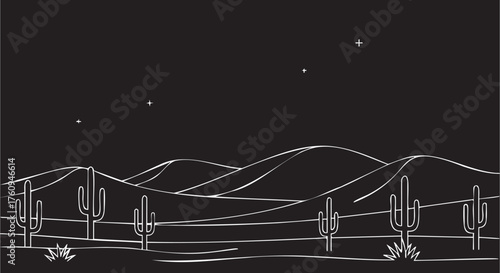 Desert Night's Serenade: A striking illustration of the desert landscape under a starlit sky, showcasing cacti, and rolling hills with delicate lines, evoking the tranquility of the desert night.