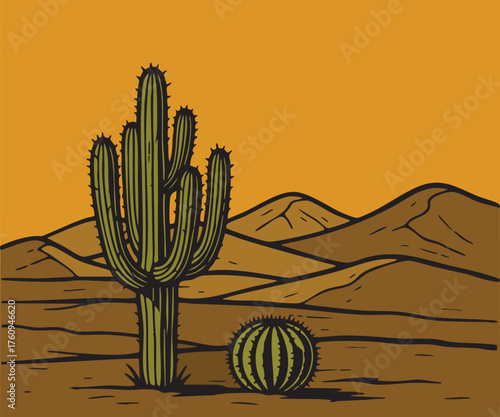Desert's Embrace: Witness the stark beauty of a desert landscape, where a towering cactus stands sentinel alongside a smaller, rounded companion, the vast sky above casting a warm glow. 
