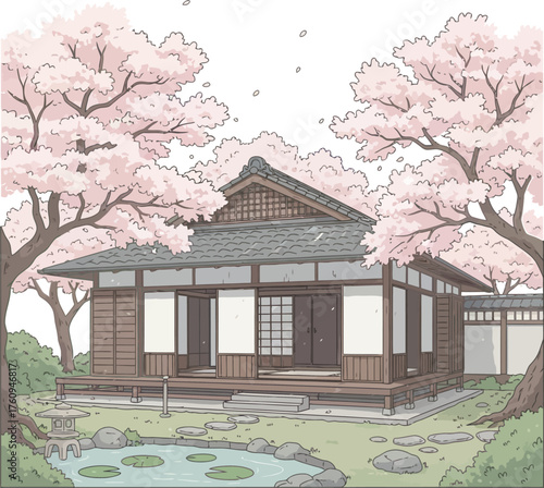 Serene traditional Japanese house with blooming sakura trees in spring. Peaceful zen garden scene with a pond, lily pads, and a traditional stone lantern.