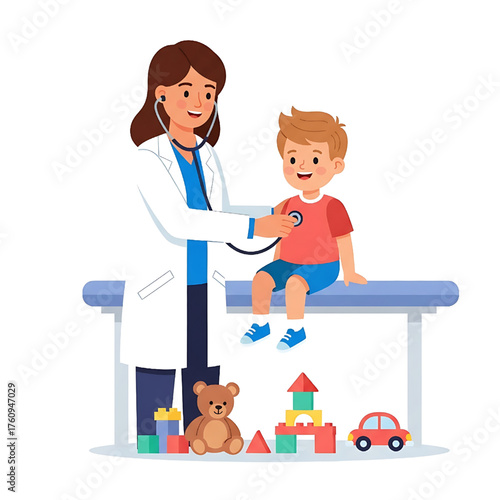 Pediatrician examining a child with stethoscope in clinic