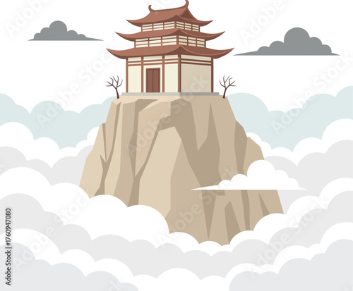 Traditional Asian temple on a high mountain summit above the clouds. Serene Chinese pagoda landmark. Spiritual zen monastery on a rocky peak for meditation.