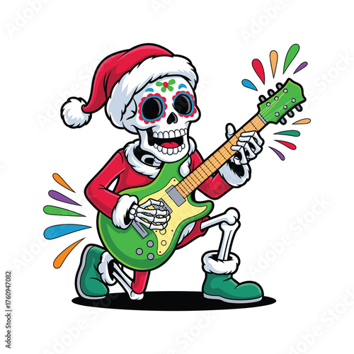 Skeleton musician playing guitar wearing santa hat festive holiday celebration