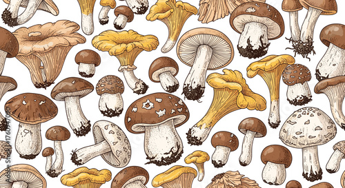 A delightful collection of edible wild mushrooms scattered across a white background.