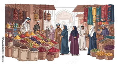 A vibrant marketplace scene with vendors selling spices and fruits to customers.
