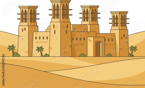 Traditional Arabic architecture with windtowers (barjeel) in a desert landscape. Old Dubai heritage building in the sand dunes. Middle Eastern tourism concept.