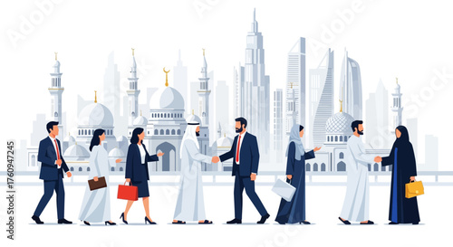 Business people in traditional and modern attire shaking hands in front of a cityscape with mosques and skyscrapers.