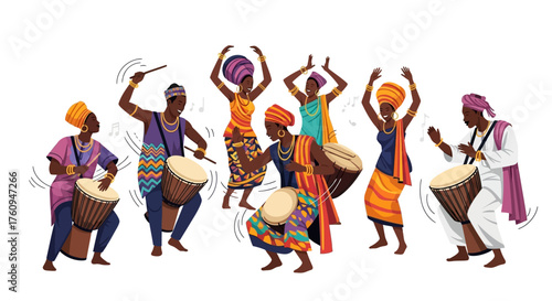 Illustration of African people dancing and playing drums in colorful traditional clothing.