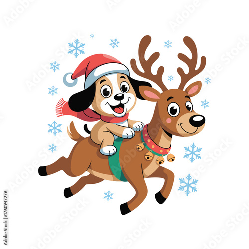 Cute dog wearing santa hat rides reindeer through snowy skies festive christmas scene