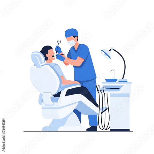 Dentist examining patient teeth in clinic flat illustration