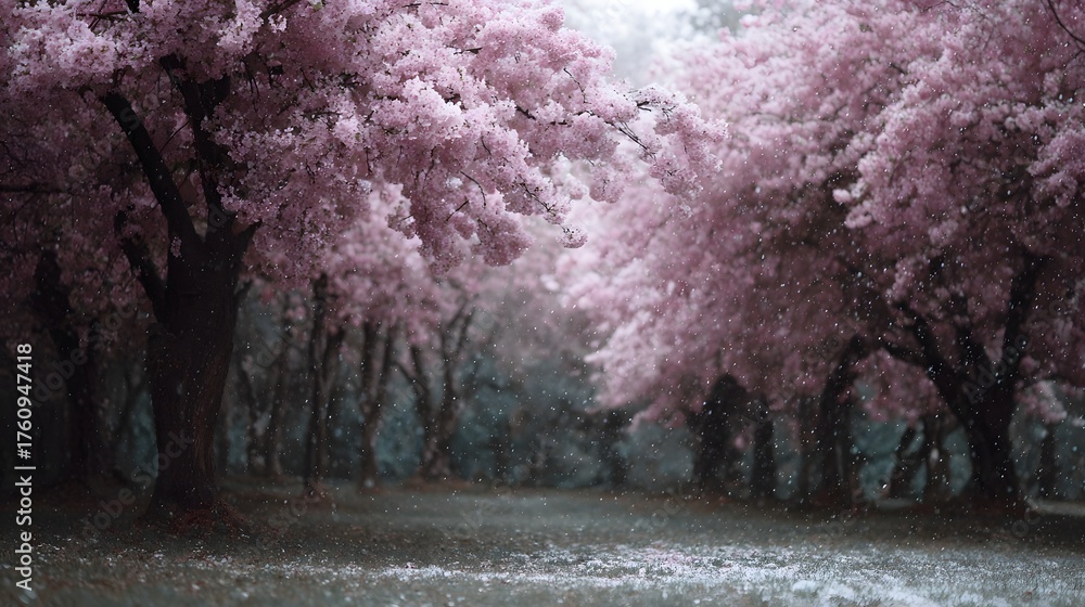 Naklejka premium A tranquil grove of cherry blossom trees in full bloom with delicate pink petals gently falling like snow onto the ground creating a serene spring