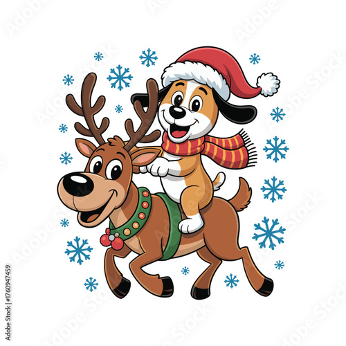 Joyful cartoon dog in santa hat rides a happy reindeer amidst falling snowflakes