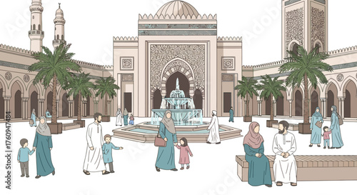 Illustration of Muslim families gathering in the courtyard of a beautiful mosque with a central fountain and palm trees.