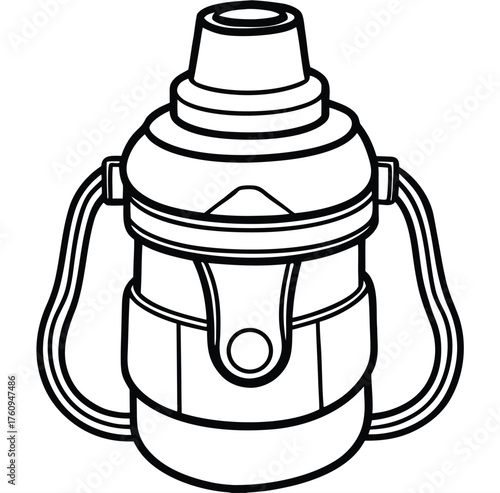 A simple, clean line drawing illustration of a sippy cup with two side handles and a cap, perfect for baby products, nutrition, and children's themes, presented as a clear vector graphic