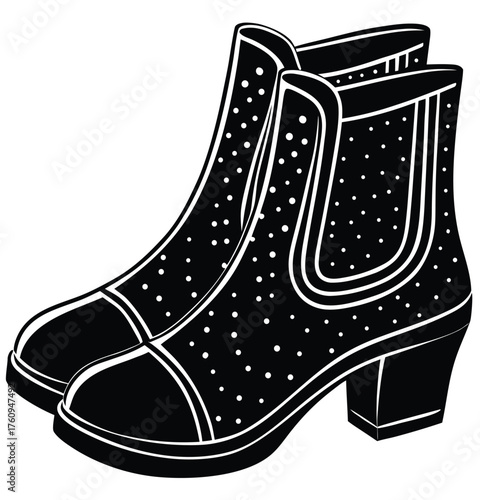 Stylish Black Ankle Boots with Polka Dot Pattern Perfect Short Boots for Mild Winter Conditions, Fashion Footwear Illustration