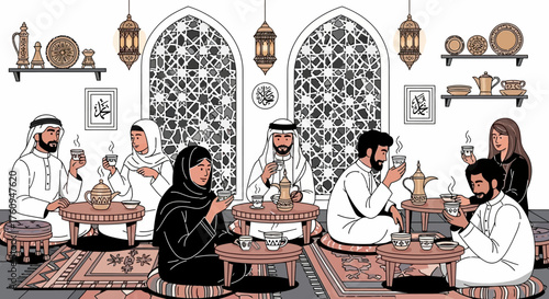 An illustration of an Arab family and friends gathering in a traditional majlis, sharing Arabic coffee and conversation in a hospitable setting.