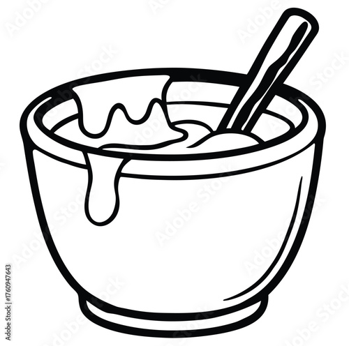 Simple black and white illustration of a bowl filled with a creamy liquid, topped with a spoon, representing a smooth, comforting beverage or dessert, ideal for culinary themes or simple graphic needs