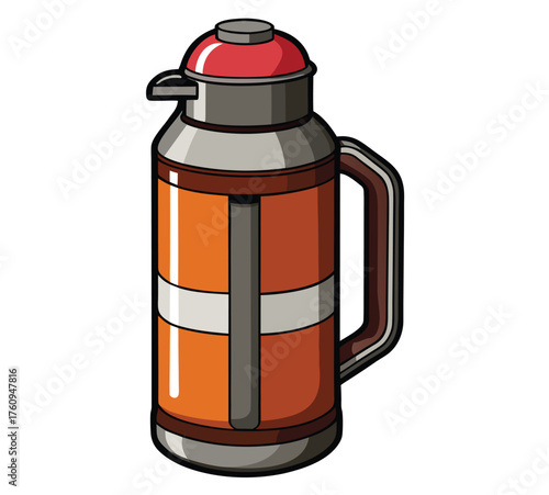 Illustration of a stylish insulated thermos flask, ideal for keeping beverages hot or cold on the go, perfect for outdoor adventures and everyday use with easy-to-grip handle and sleek design