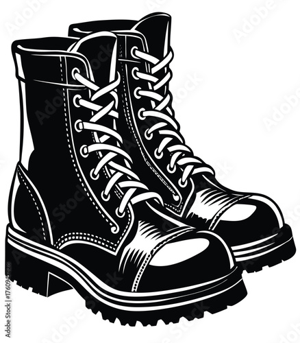 Classic black and white graphic illustration of a pair of rugged, lace-up high-top boots with thick soles, perfect for a bold and rebellious style or tough outdoor adventures