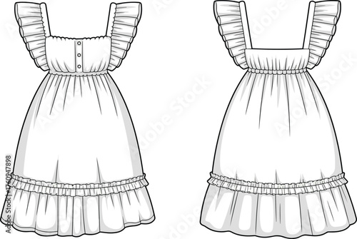 Women ruffled dress technical drawing, sleeveless garment sketch, buttoned bodice design, gathered waistline, flared skirt illustration, fashion apparel flat template