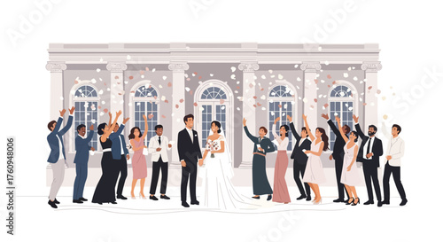 A diverse group of people celebrating a wedding with confetti outside a grand building with columns.