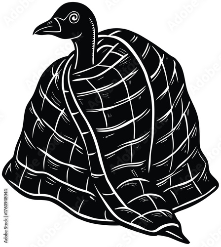 Stylized goose enjoying the warmth of a checkered blanket, this black and white vector illustration evokes feelings of comfort, security, and peaceful slumber in a rustic woodcut design