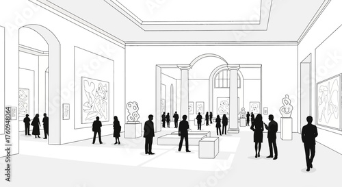 Illustration of a museum interior with visitors viewing art and sculptures.
