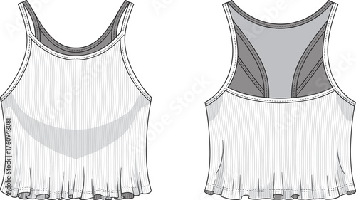 Women sleeveless top technical drawing, racerback blouse design, ribbed fabric illustration, high neckline garment sketch, apparel flat template, fashion clothing design