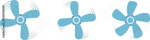 Three Rotating Blue Fan with Motion Lines on White Background