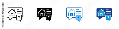 Property Consultation Multiple Style Icon Design Vector - Speech bubble with house and question mark, representing real estate advice, customer support, or property discussion