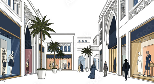 Architectural rendering of a modern outdoor shopping arcade with traditional Islamic design elements and palm trees.